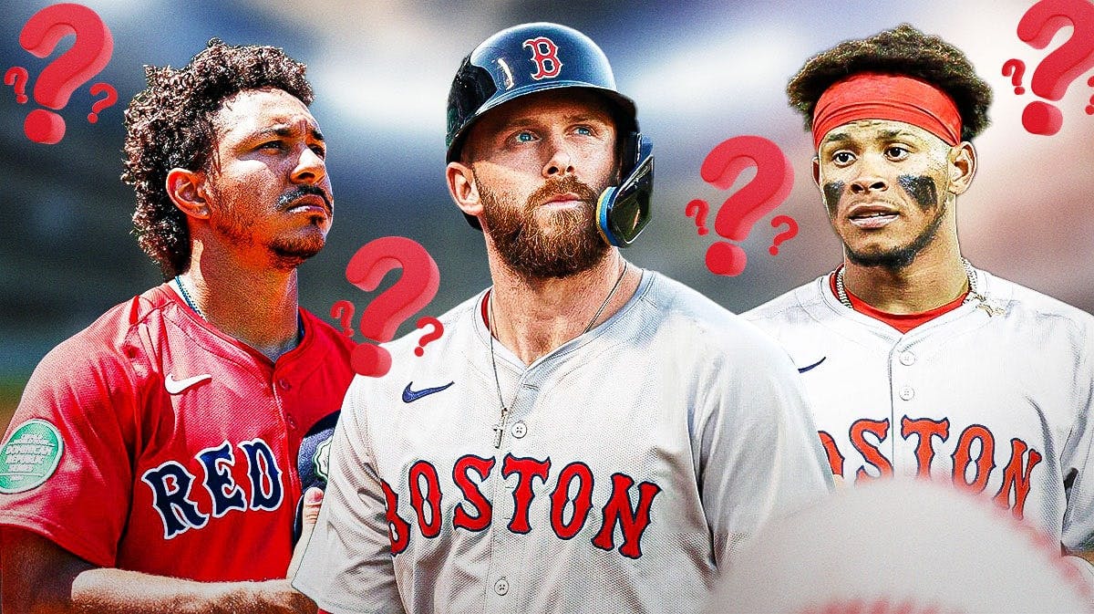 Red Sox Trevor Story looking disappointed on one side after injury, David Hamilton and Cedanne Rafaela on the other, surrounded by question marks