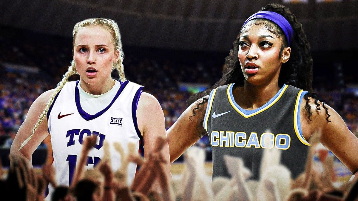 Hailey Van Lith in a TCU basketball uniform on right, Angel Reese in a Chicago Sky uniform on left.