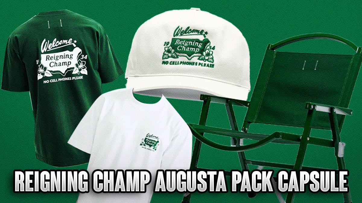 Product display of the Reigning Champ Augusta Pack capsule on a forest green background, Masters gear and apparel