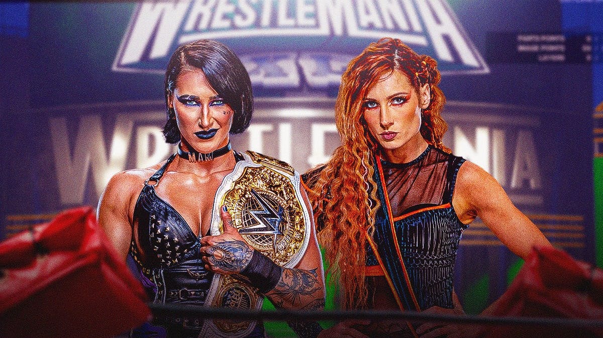 Rhea Ripley next to Becky Lynch with the WrestleMania 40 log as the background.
