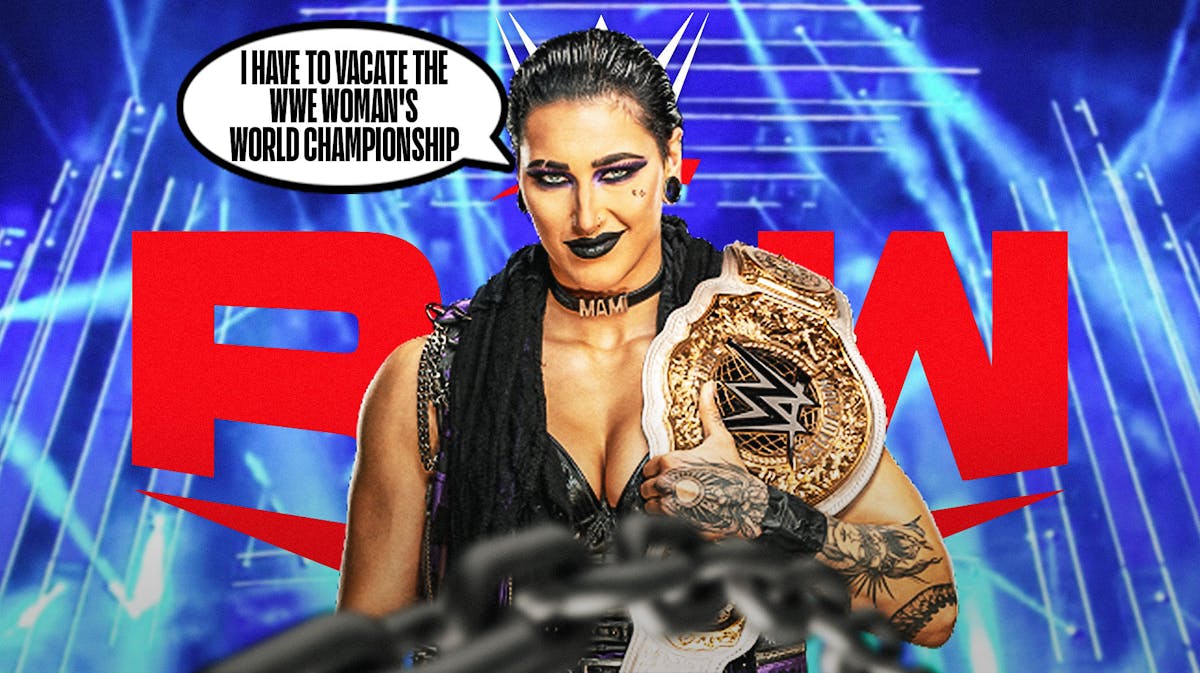 Rhea Ripley holding the WWE Woman's World Championship with a text bubble reading "I have to vacate the WWE Woman's World Championship" with the RAW logo as the background.