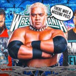 Rikishi with a text bubble reading "There was a missing piece" with Jimmy Uso on the left and Jey Uso on the right with the WrestleMania 40 logo as the background.