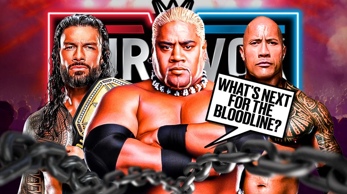 Rikishi with a text bubble reading "What's next for The Bloodline?" with Roman Reigns on his left, The Rock on his right and the Survivor Series WarGames logo as the background.