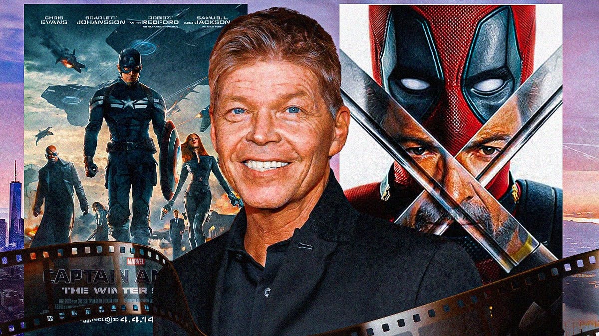 Deadpool creator Rob Liefeld with MCU posters for Captain America: The Winter Soldier and Deadpool and Wolverine.