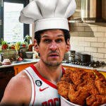 Rockets' Boban Marjanovic as a chef, holding a bucket of fried chicken