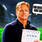 NFL Commissioner Roger Goodell holding a calendar. He has a speech bubble that says “How about one more game?”