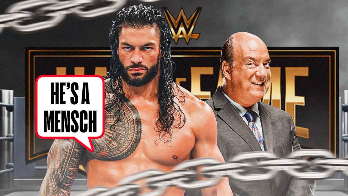 2024 Roman Reigns with a text bubble reading "He's a mensch" next to Paul Heyman with the WWE Hall of Fame logo as the background.