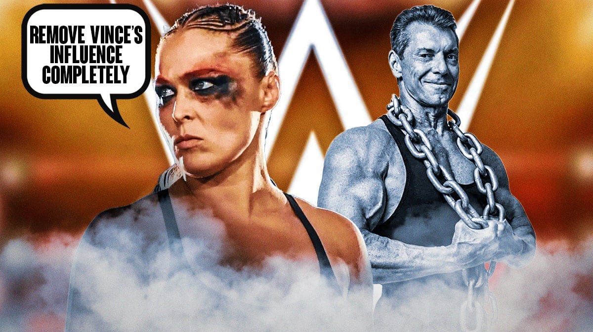Ronda Rousey with a text bubble reading "Remove Vince’s influence completely" next to a grayed-out Vince McMahon with the WWE logo as the background.