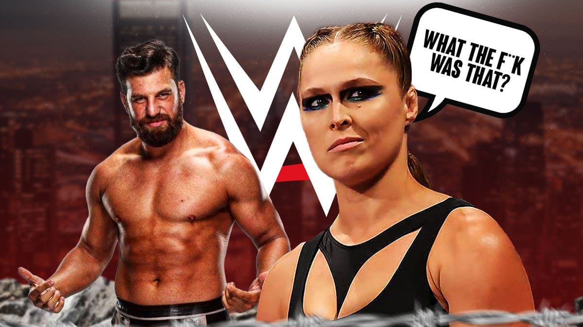 Ronda Rousey with a text bubble reading “What the f**k was that?” next to Drew Gulak with the WWE logo as the background.