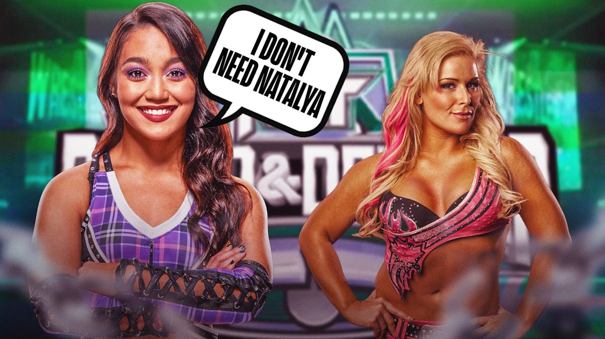 Roxanne Perez with a text bubble reading "I don't need Natalya" next to Natalya with the 2024 NXT Stand and Deliver logo as the background.