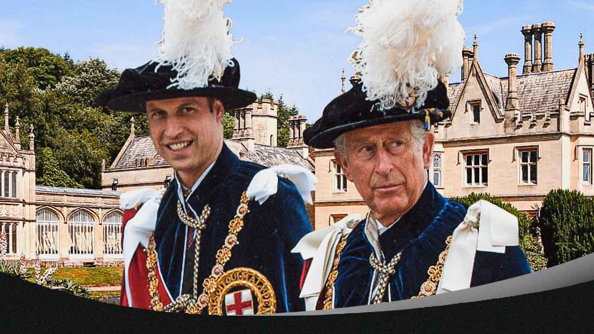Prince William and King Charles III with a mansion behind them