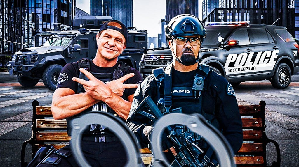 Kenny Johnson (Luca) and Shemar Moore (Hondo) sitting on the beach together with an LAPD cruiser or the SWAT truck in the distant background