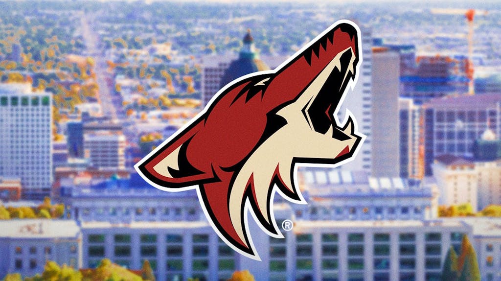Coyotes logo in front of Salt Lake City