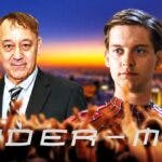 Sam Raimi and Tobey Maguire as Spider-Man with logo and New York City background.