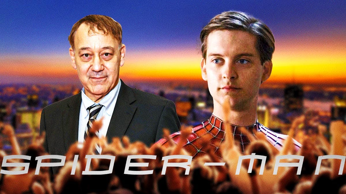 Sam Raimi and Tobey Maguire as Spider-Man with logo and New York City background.
