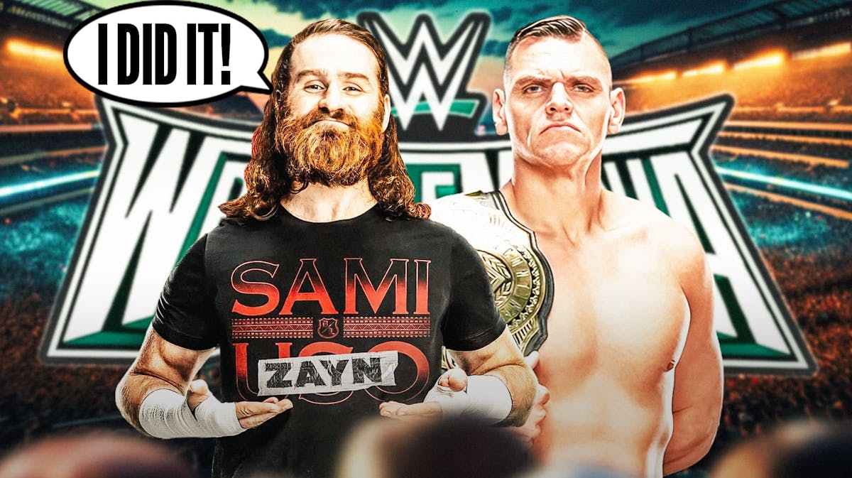 2024 Sami Zayn with a text bubble reading "I did it!" next to Gunther with the WrestleMania 40 logo as the background.