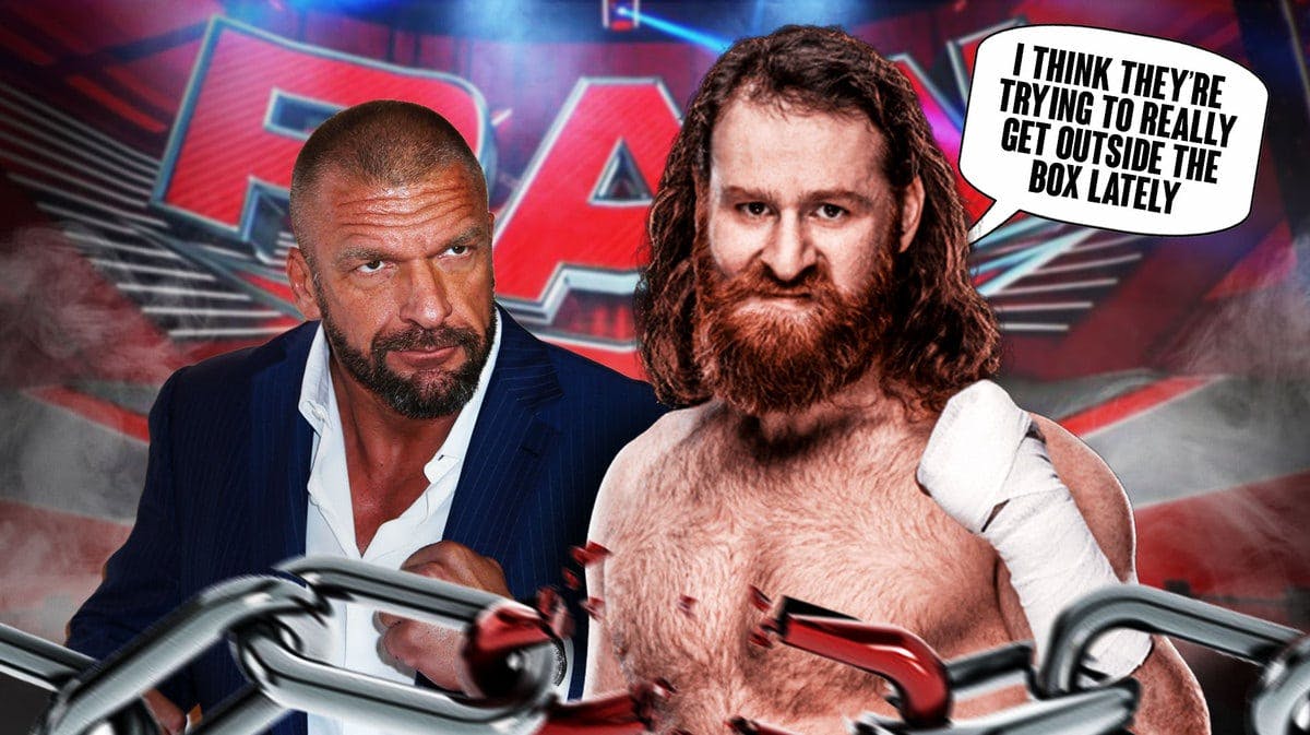 Sami Zayn with a text bubble reading “I think they’re trying to really get outside the box lately” next to Triple H with the RAW logo as the background.