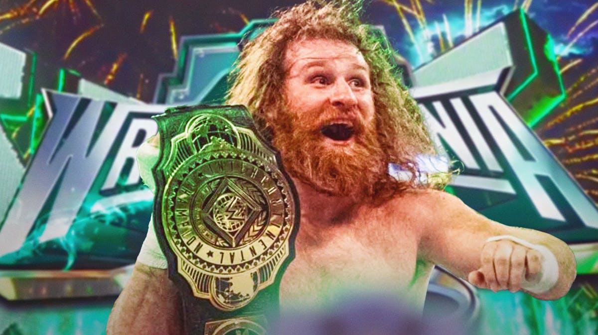 Sami Zayn holding the Intercontinental Championship with the WrestleMania 40 logo as the background.