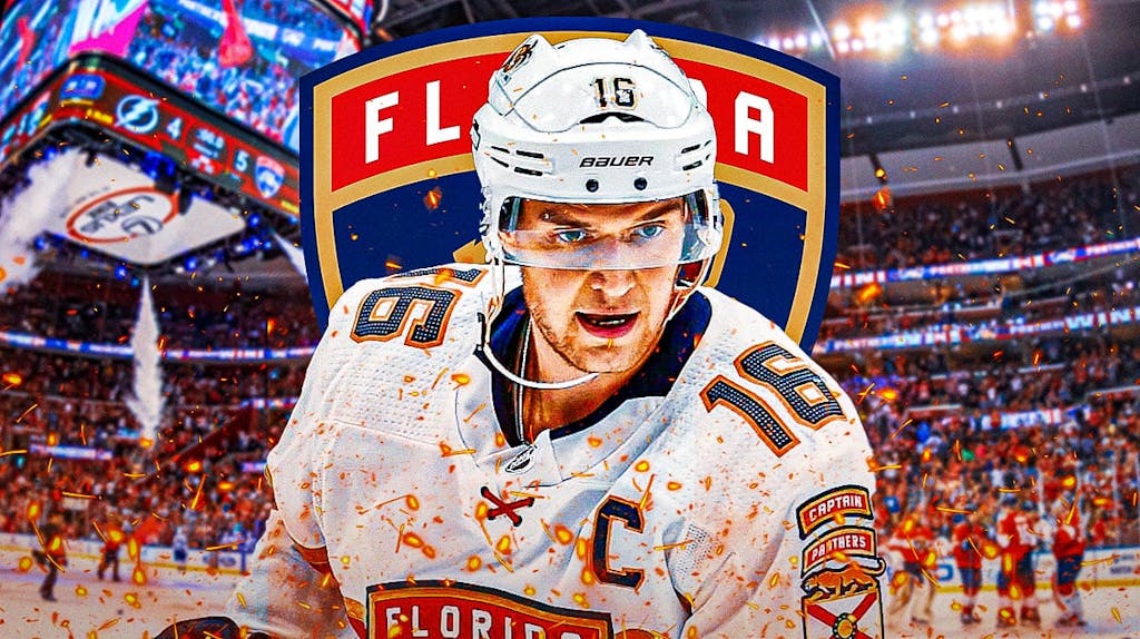 Sasha Barkov in middle of image looking happy with fire around him, Florida Panthers logo, hockey rink in background