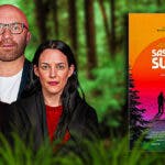 Jesse Eisenberg, Christophe Zajac-Denek, and Riley Keough with Sasquatch Sunset poster and forest background.