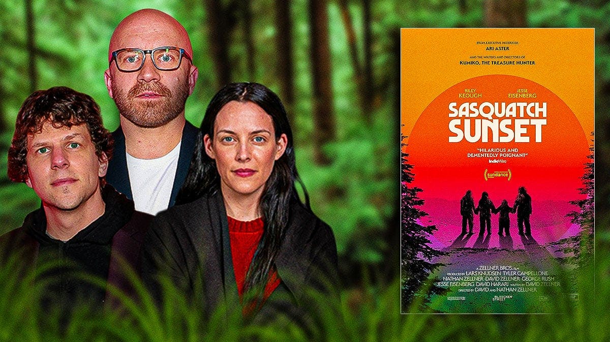 Jesse Eisenberg, Christophe Zajac-Denek, and Riley Keough with Sasquatch Sunset poster and forest background.