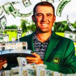 Scottie Scheffler with a green jacket on and money all around him