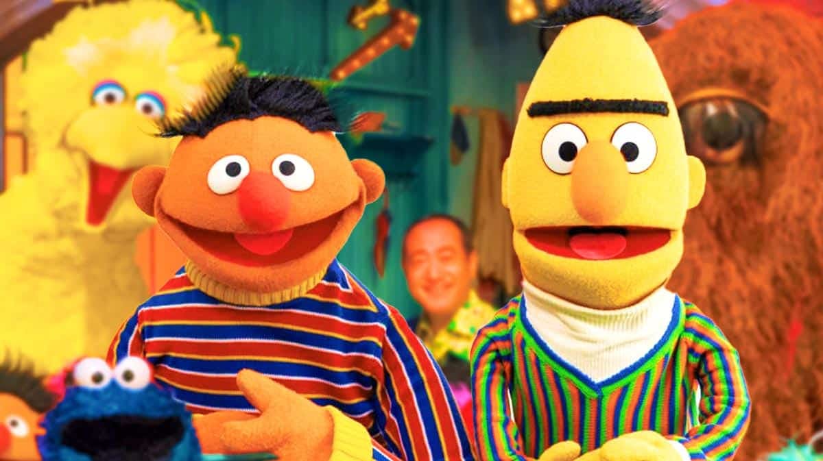 Sesame Street characters Big Bird, Ernie, Burt.
