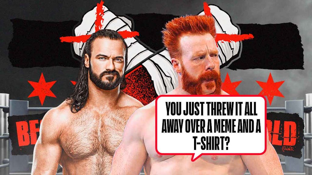 Sheamus with a text bubble reading "You just threw it all away over a meme and a t-shirt?" next to Drew McIntyre with the CM Punk logo as the background.