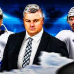 Sheldon Keefe in middle of image looking angry, Max Domi and Auston Matthews on either side looking stern, Toronto Maple Leafs logo, hockey rink in background