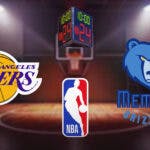 Lakers logo sits next to Grizzlies logo with a shot clock in the middle, LeBron James in stands