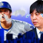 Dodgers' Shohei Ohtani with smoke coming out his nose and ears. Ippei Mizuhara with animated tears