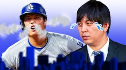 Dodgers' Shohei Ohtani with smoke coming out his nose and ears. Ippei Mizuhara with animated tears