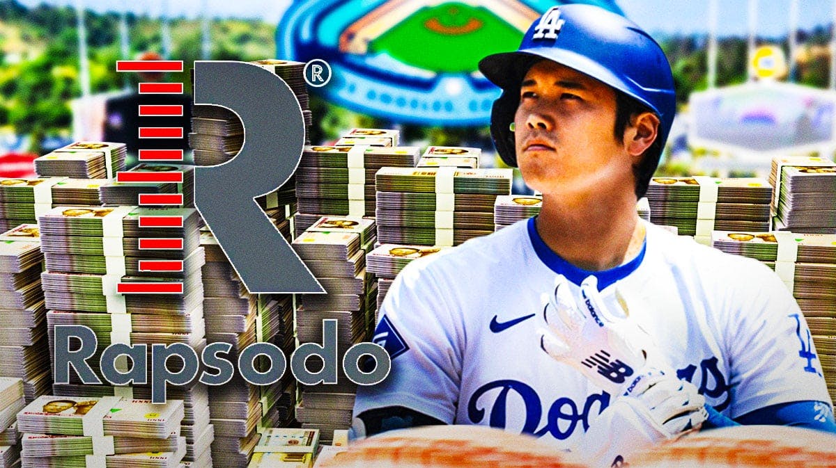 Los Angeles Dodgers' Shohei Ohtani next to the Rapsodo logo