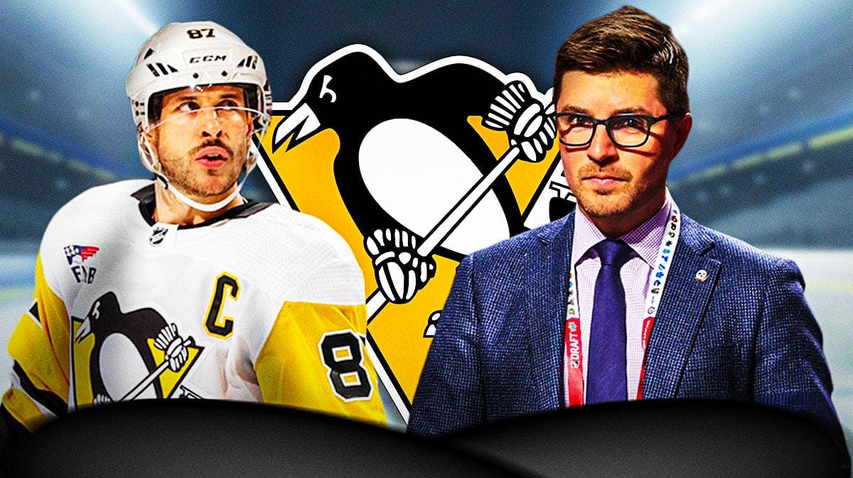 Sidney Crosby, Kyle Dubas. Penguins logo