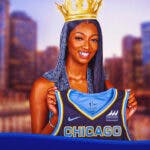 Chicago Sky WNBA player Angel Reese, with a crown on her head and the city of Chicago, Illinois in the background