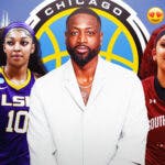 former NBA player Dwyane Wade and South Carolina women's basketball player Kamilla Cardoso and LSU women's basketball player Angel Reese, with the 😱😍 emojis surrounding Wade, Cardoso and Reese, with the Chicago Sky logo in the background