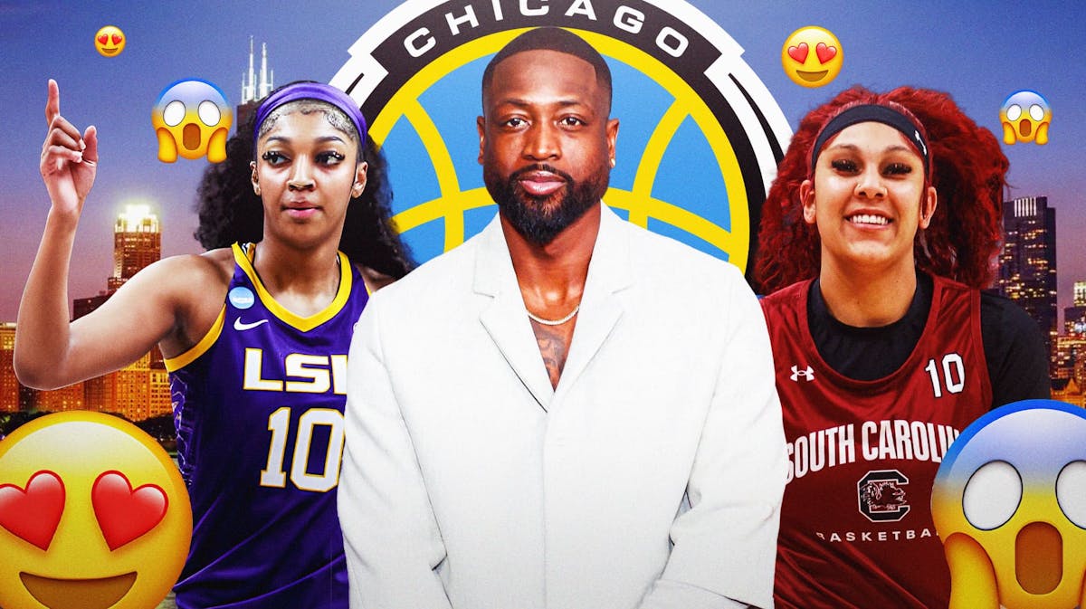 former NBA player Dwyane Wade and South Carolina women's basketball player Kamilla Cardoso and LSU women's basketball player Angel Reese, with the 😱😍 emojis surrounding Wade, Cardoso and Reese, with the Chicago Sky logo in the background