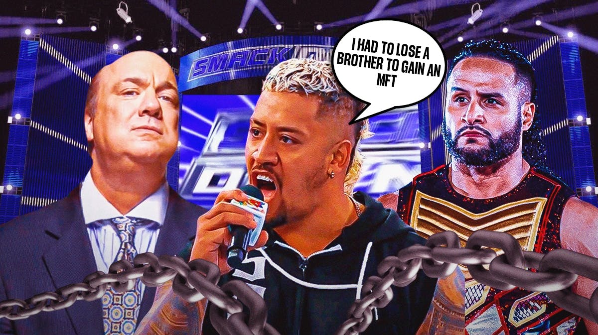 Solo Sikoa with a text bubble reading "I had to lose a brother to gain an MFT" next to Tama Tonga and Paul Heyman with the SmackDown logo as the background.