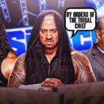 Solo Sikoa with a text bubble reading "By orders of the Tribal Chief" with Tama Tonga on his left and Paul Heyman on his right with the SmackDown logo as the background.
