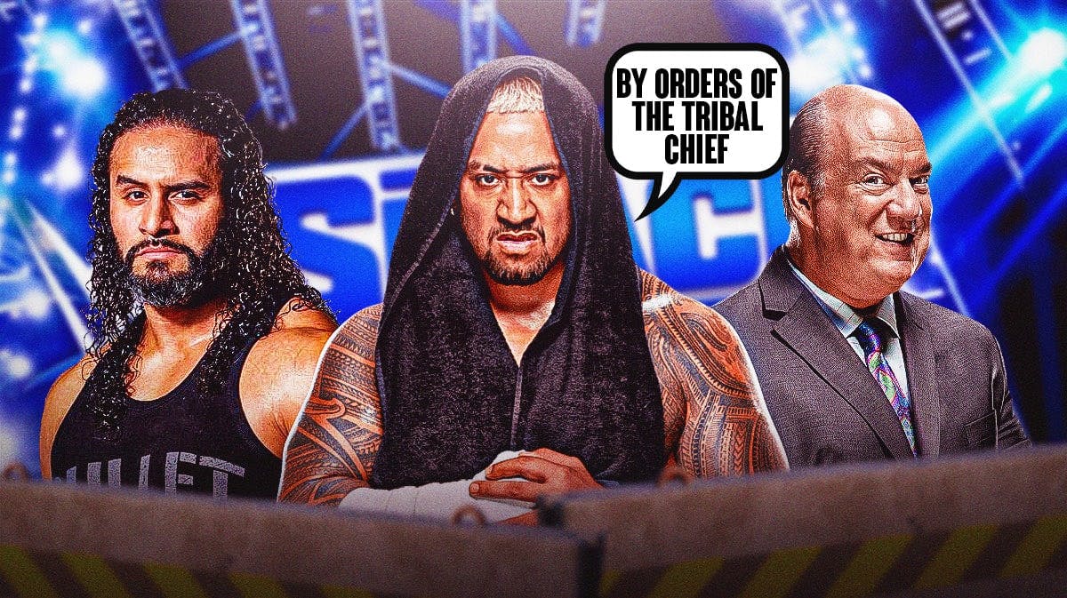 Solo Sikoa with a text bubble reading "By orders of the Tribal Chief" with Tama Tonga on his left and Paul Heyman on his right with the SmackDown logo as the background.