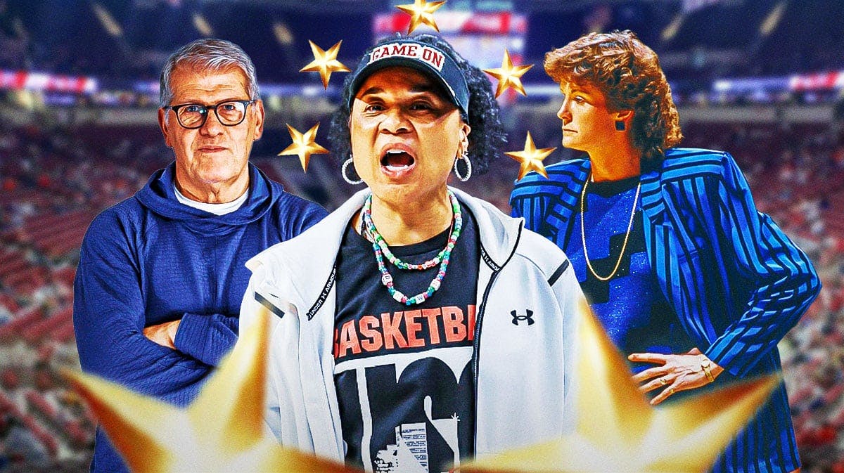 South Carolina women's basketball coach Dawn Staley in the center of the image, with stars around her. On one side is UConn women's basketball coach Geno Auriemma, and on the other side is former Tennessee women's basketball coach Pat Summitt
