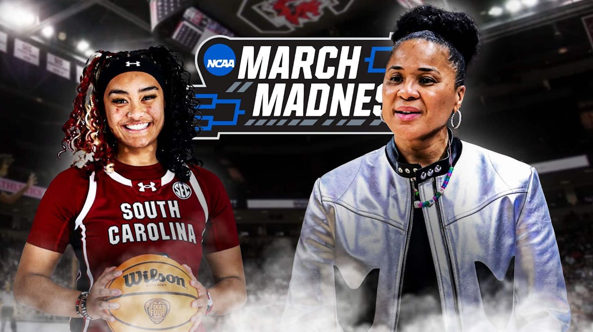 South Carolina women's basketball's Te-Hina Paopao, Dawn Staley next to March Madness logo, Raven Johnson in background