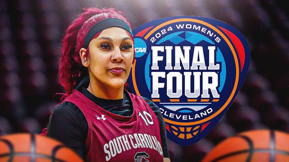 South Carolina women's basketball, Final Four, Kamilla Cardoso, Bree Hall, Tessa Johnson, Kamilla Cardoso with 2024 women's final four logo in the background