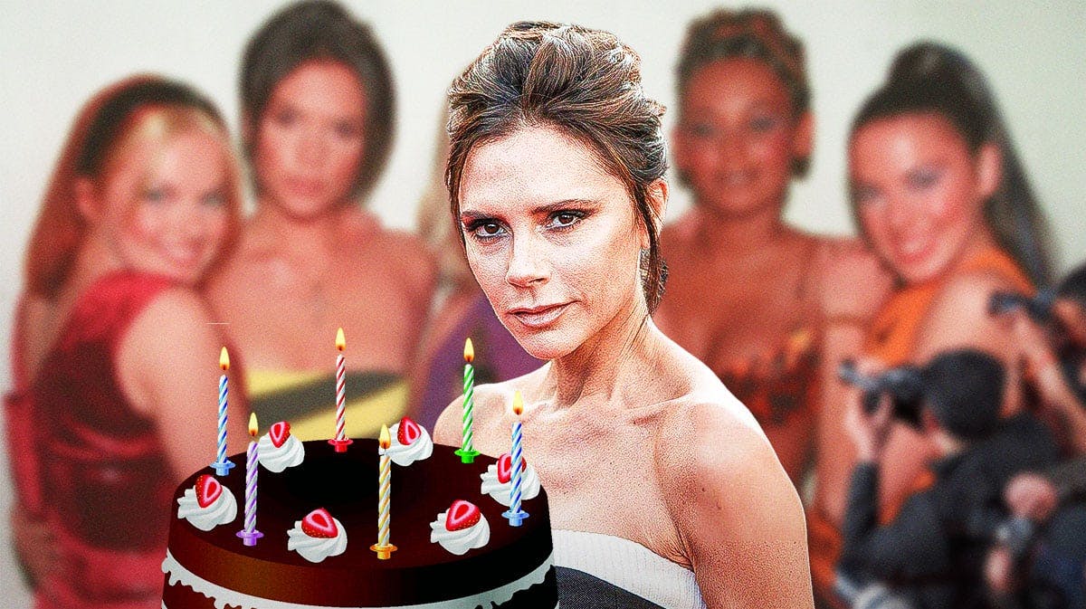 Spice Girls and Victoria Beckham with a birthday cake.