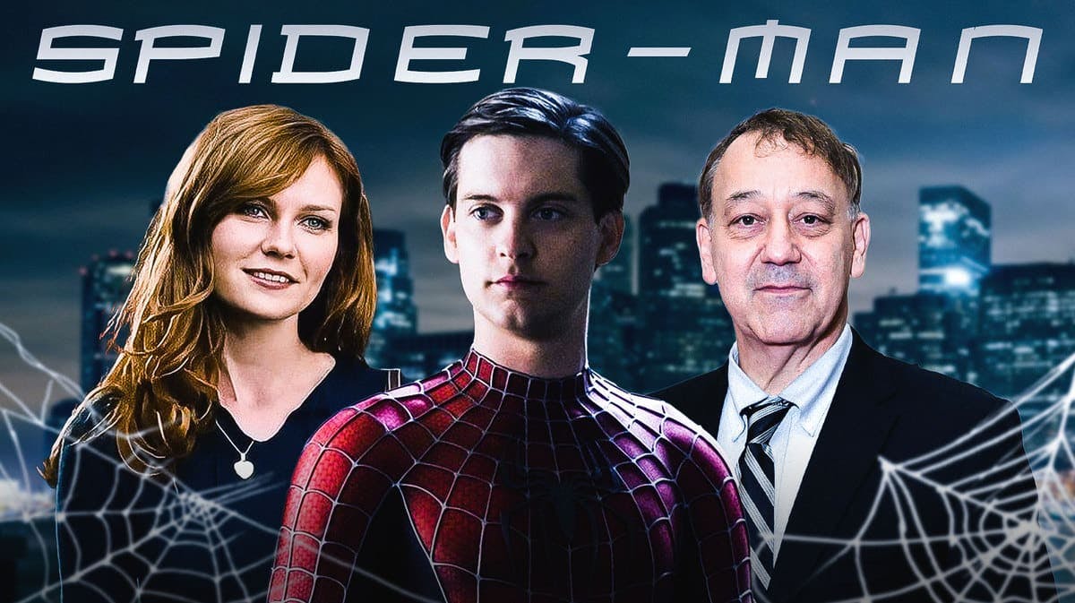 Kirsten Dunst and Tobey Maguire as Mary Jane Watson and Peter Parker with Sam Raimi and Spider-Man logo.