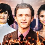 Amy Pascal with Spider-Man 4 stars Tom Holland and Zendaya with New York City background.
