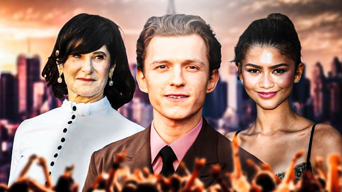 Amy Pascal with Spider-Man 4 stars Tom Holland and Zendaya with New York City background.
