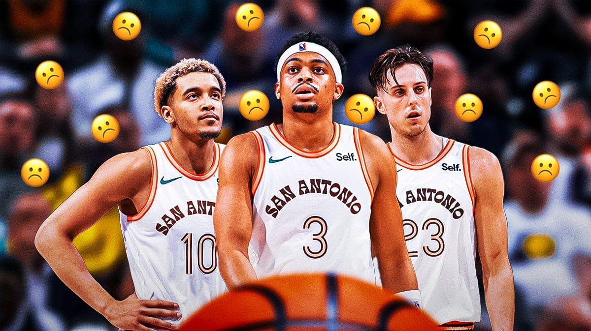 Spurs Keldon Johnson, Zach Collins, and Jeremy Sochan with frown face emojis all around