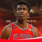 St. John's basketball, Red Storm, Vince Iwuchukwu, Vince Iwuchukwu St. John's, Rick Pitino, Vince Iwuchukwu in St. John's uni with St. John's basketball arena in the background