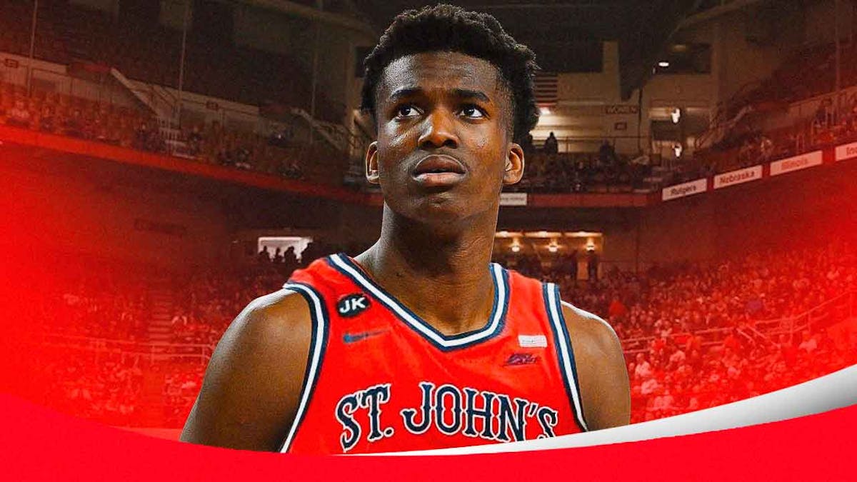 St. John's basketball, Red Storm, Vince Iwuchukwu, Vince Iwuchukwu St. John's, Rick Pitino, Vince Iwuchukwu in St. John's uni with St. John's basketball arena in the background